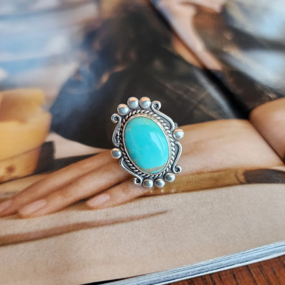 GENUINE turquoise and Sterling Silver Statement Ring Size 6 - Picture 5 of 6